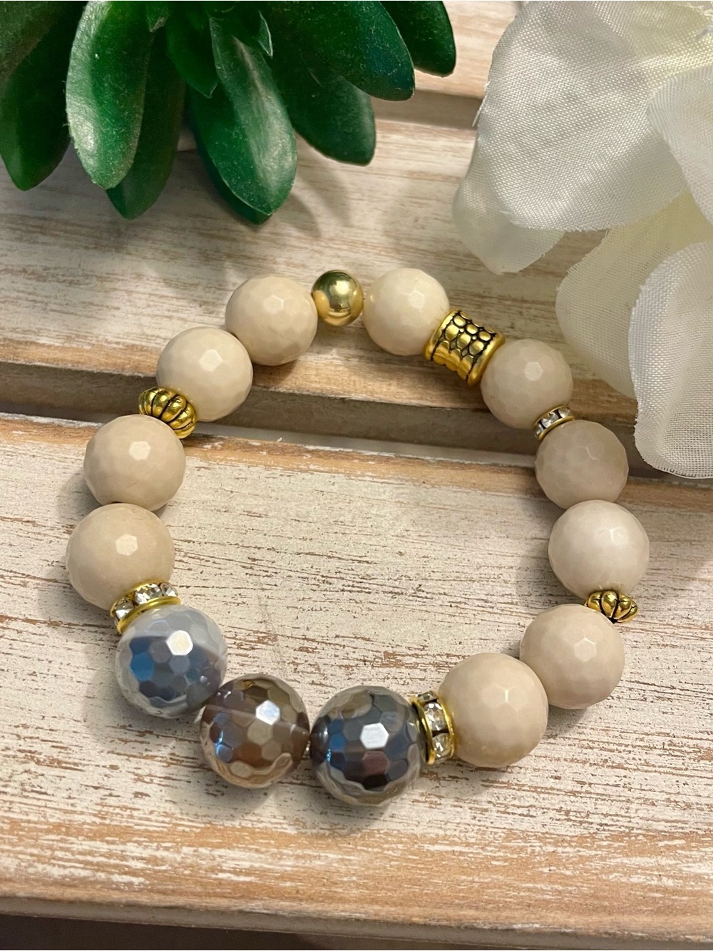Cream Sandstone and Grey Plated Brown Faceted Agate 14mm Bracelet, gold accents